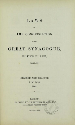 Laws of the congregation of the Great Synagogue, Duke's Place, London